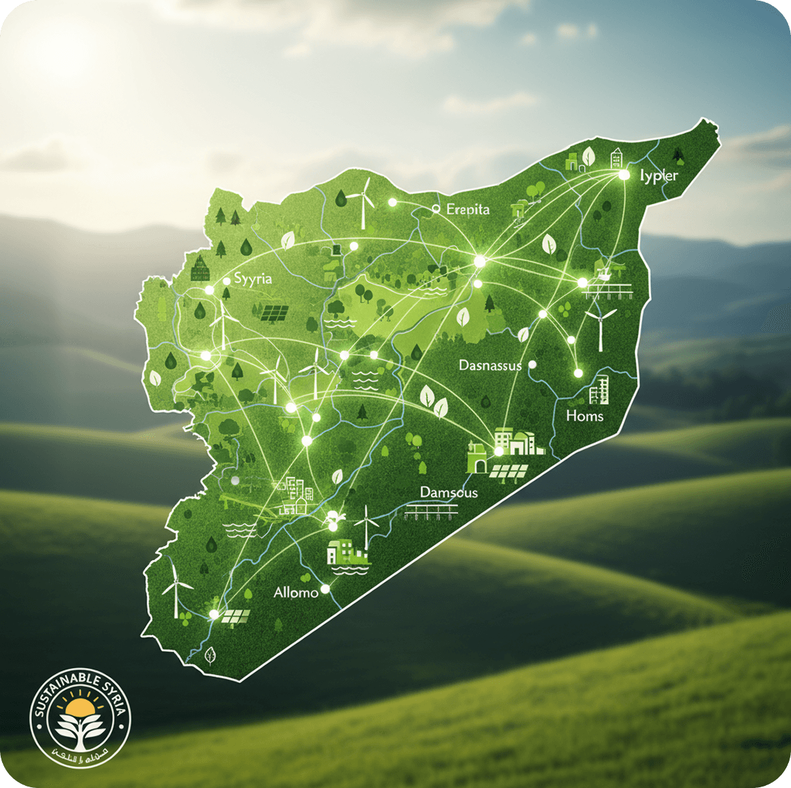 Digital map of Syria over a green landscape