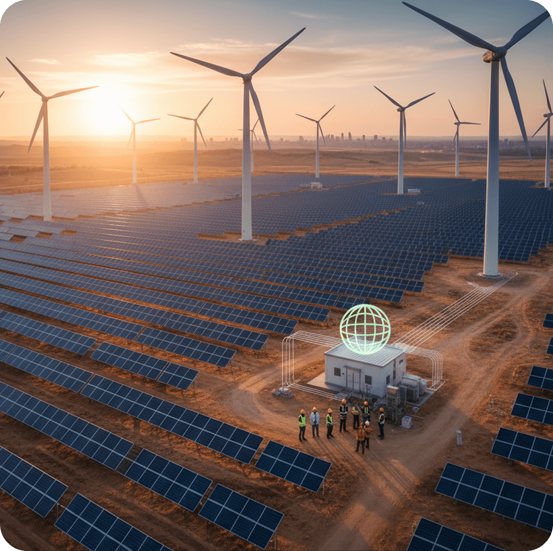 Solar panels and wind turbines at sunset